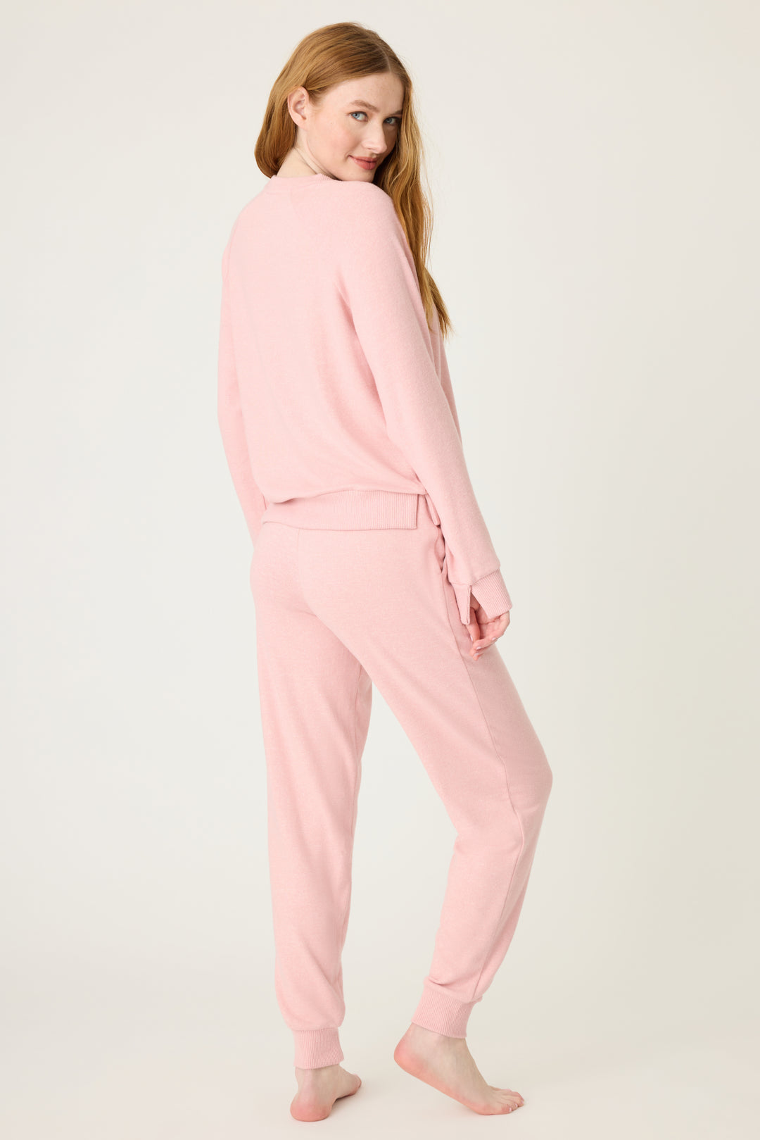 Women's pink melange lounge set top & jogger with small heart embroidery on cuff.