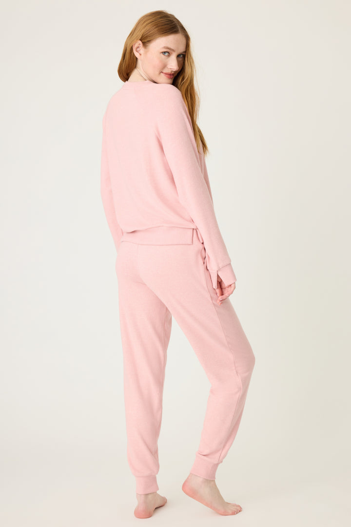 Women's pink melange lounge set top & jogger with small heart embroidery on cuff.