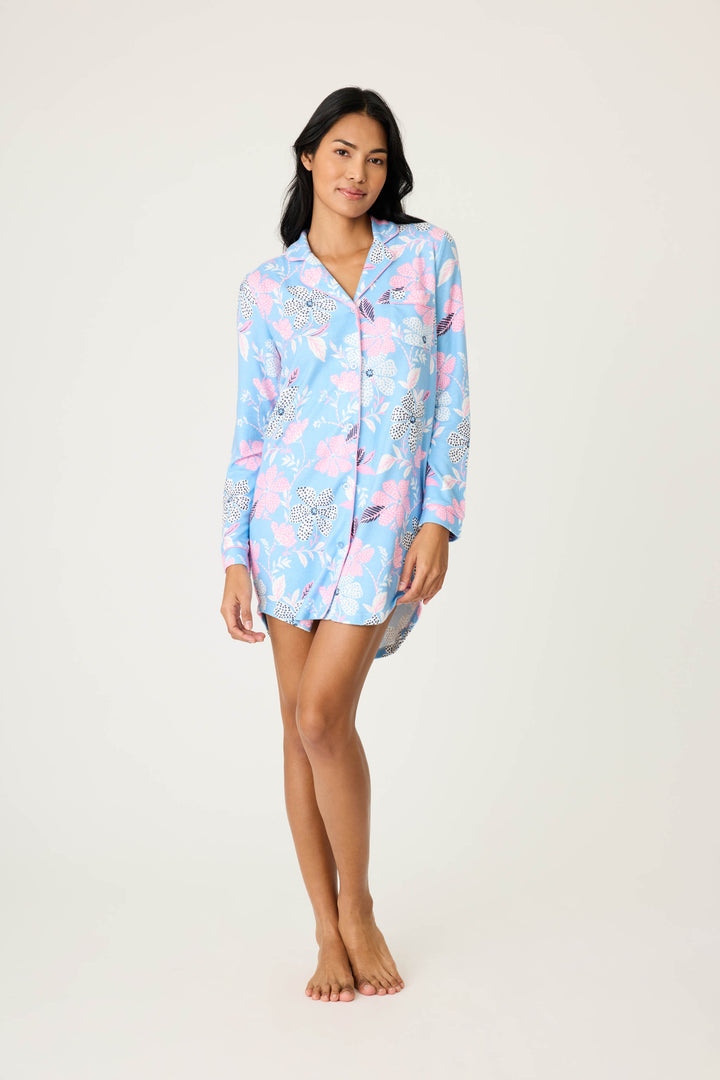 Women's ivory-blue-pink winter floral nightshirt with button front. Collar & pocket with contrast pink piping.