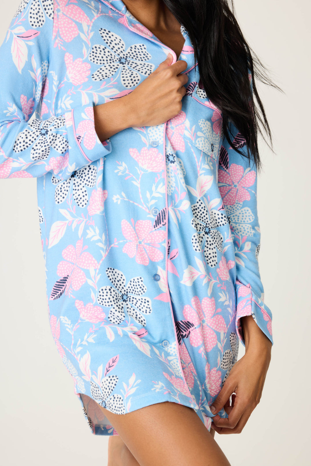 Women's ivory-blue-pink winter floral nightshirt with button front. Collar & pocket with contrast pink piping.