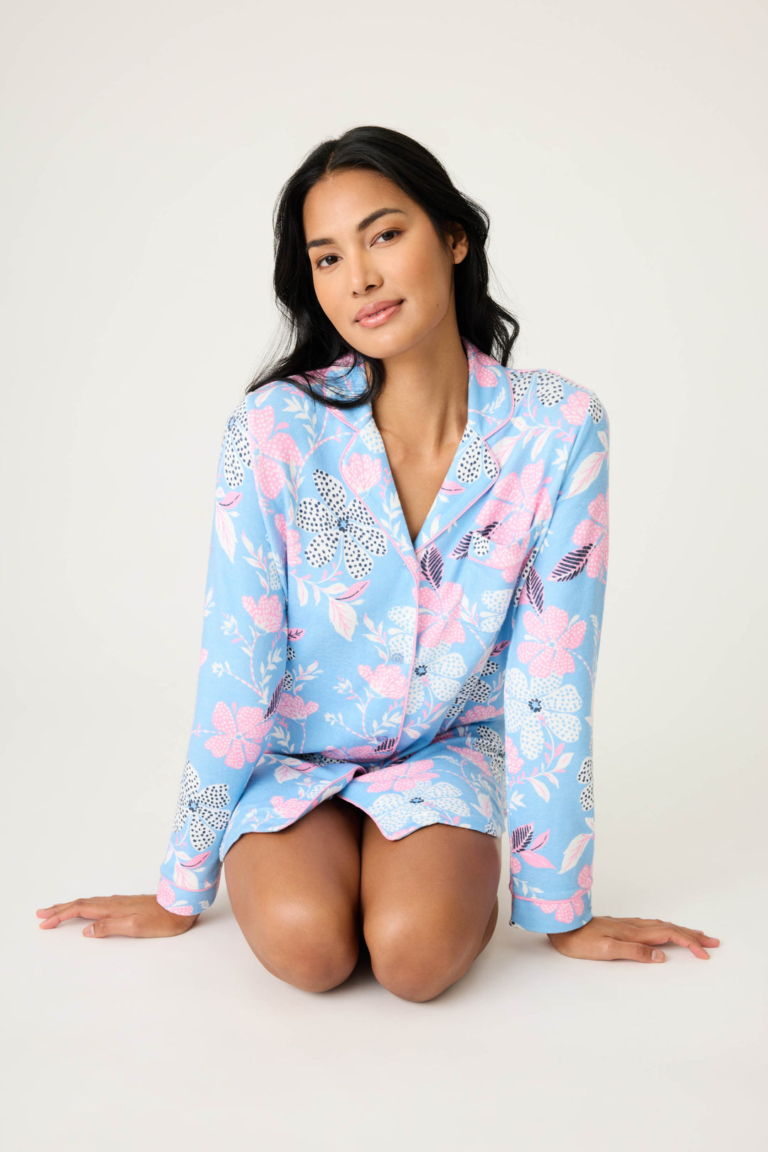 Women's ivory-blue-pink winter floral nightshirt with button front. Collar & pocket with contrast pink piping.