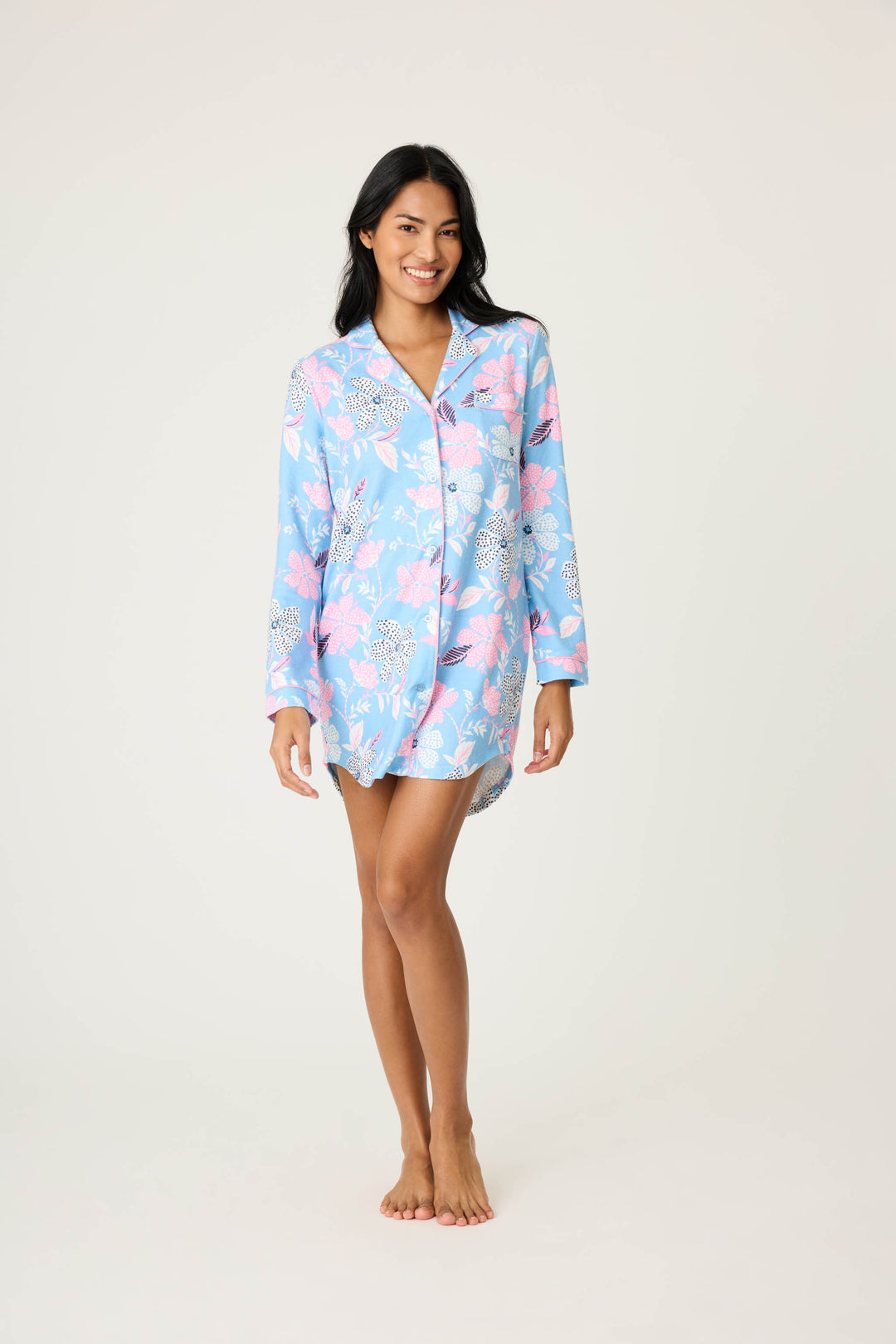 Women's ivory-blue-pink winter floral nightshirt with button front. Collar & pocket with contrast pink piping.