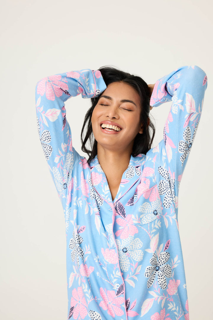 Women's ivory-blue-pink winter floral nightshirt with button front. Collar & pocket with contrast pink piping.