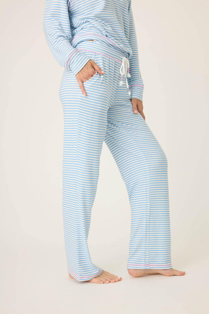 Women's ivory & blue striped open leg lounge pant with pockets. Tie waist band & bright pink stitching accents on ties.