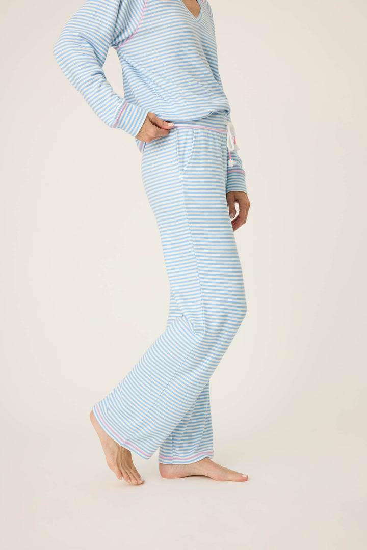 Women's ivory & blue striped open leg lounge pant with pockets. Tie waist band & bright pink stitching accents on ties.