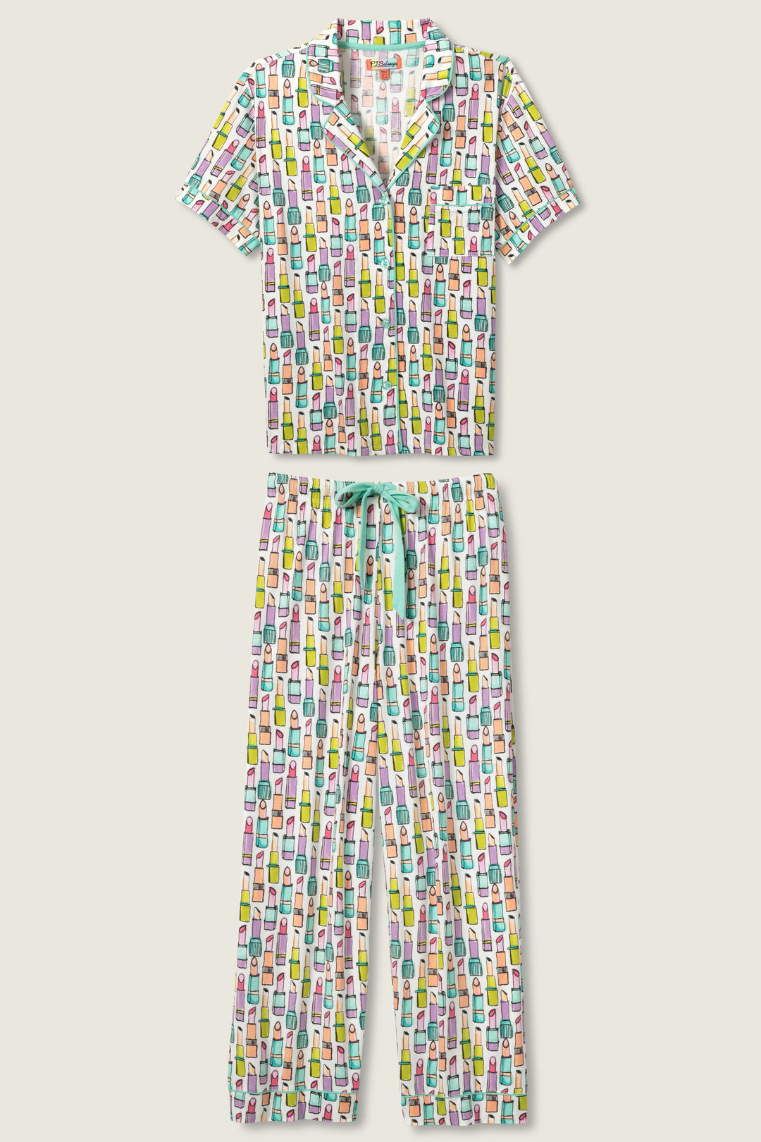 Women's breathable cotton-modal jersey short sleeve pajama set in ivory with multi lipstick print. With teal contrast piping & tie. Button-front top & open leg pant.