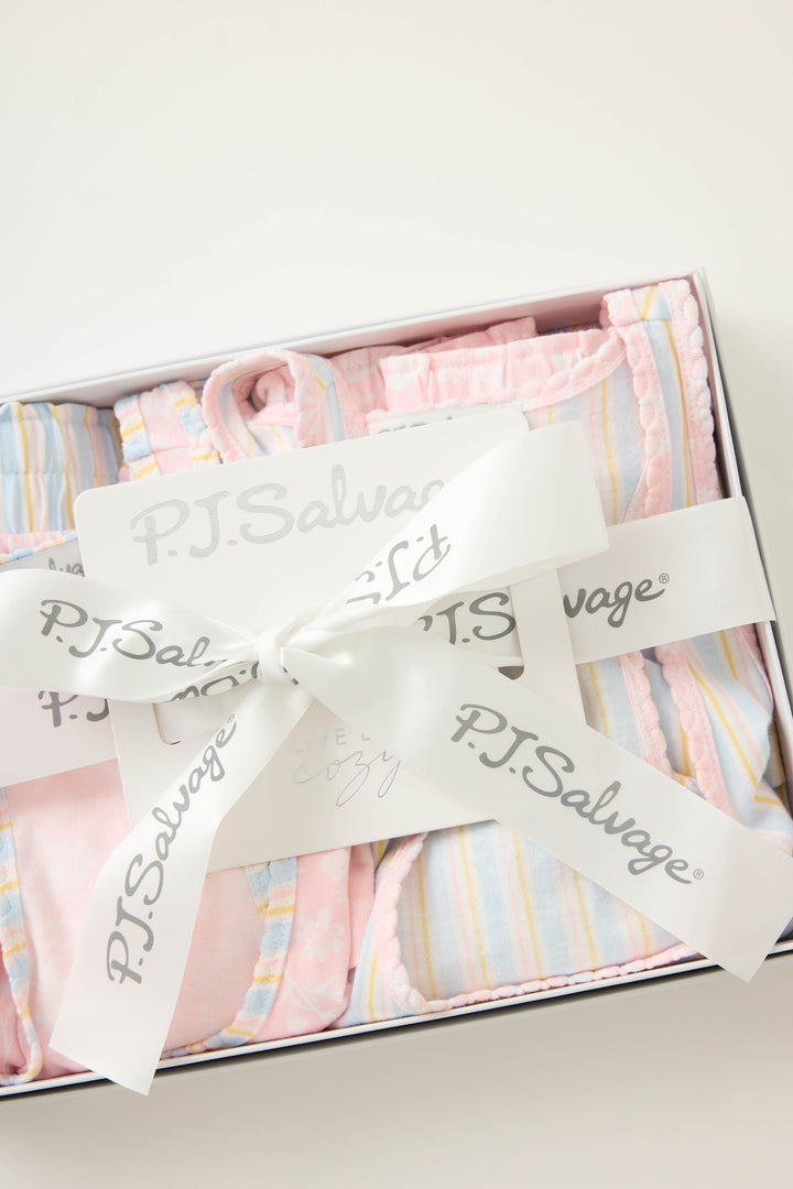 Two mix & match sleep gift set tank top & boxer pj short for women in pink floral & pastel stripes. Comes in gift box.