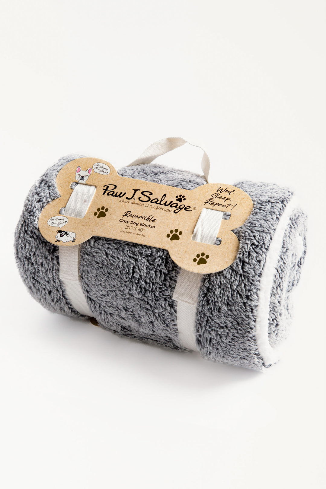 Heather charcoal dog blanket is reversible to dark grey faux shearling back. Rolled in carry strap. (6889064956004)