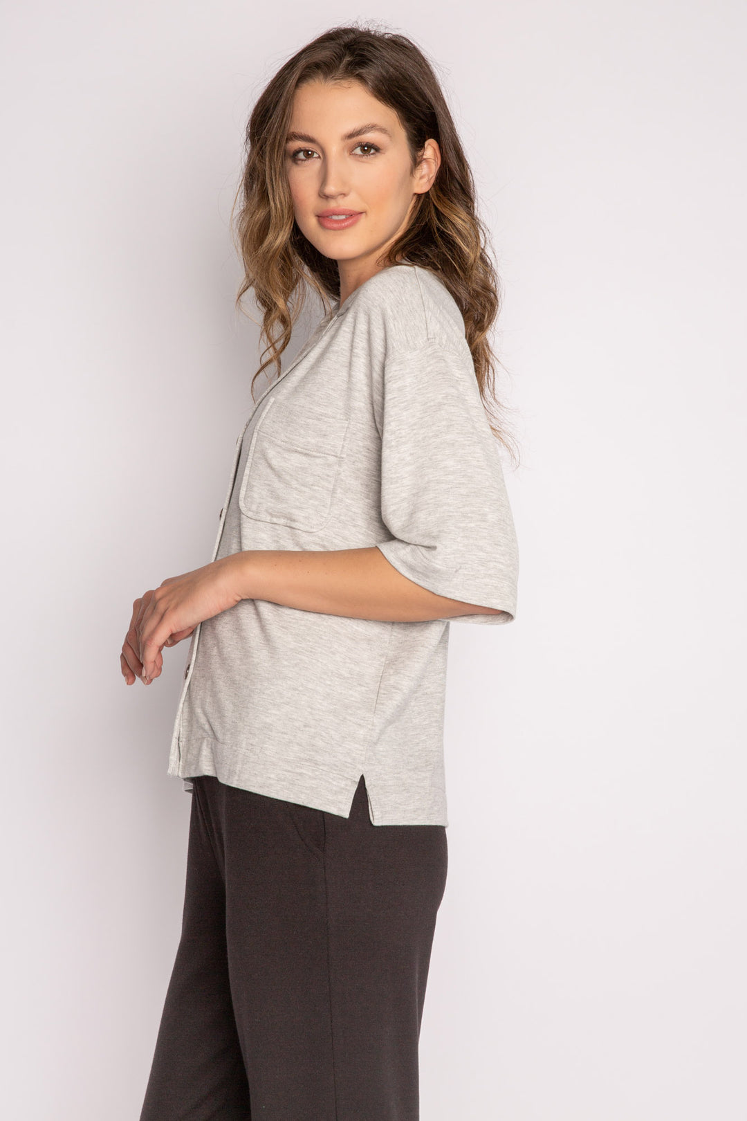 Short sleeve heather grey mini terry button-down pj shirt with side slit & front pocket. (7122608750692)