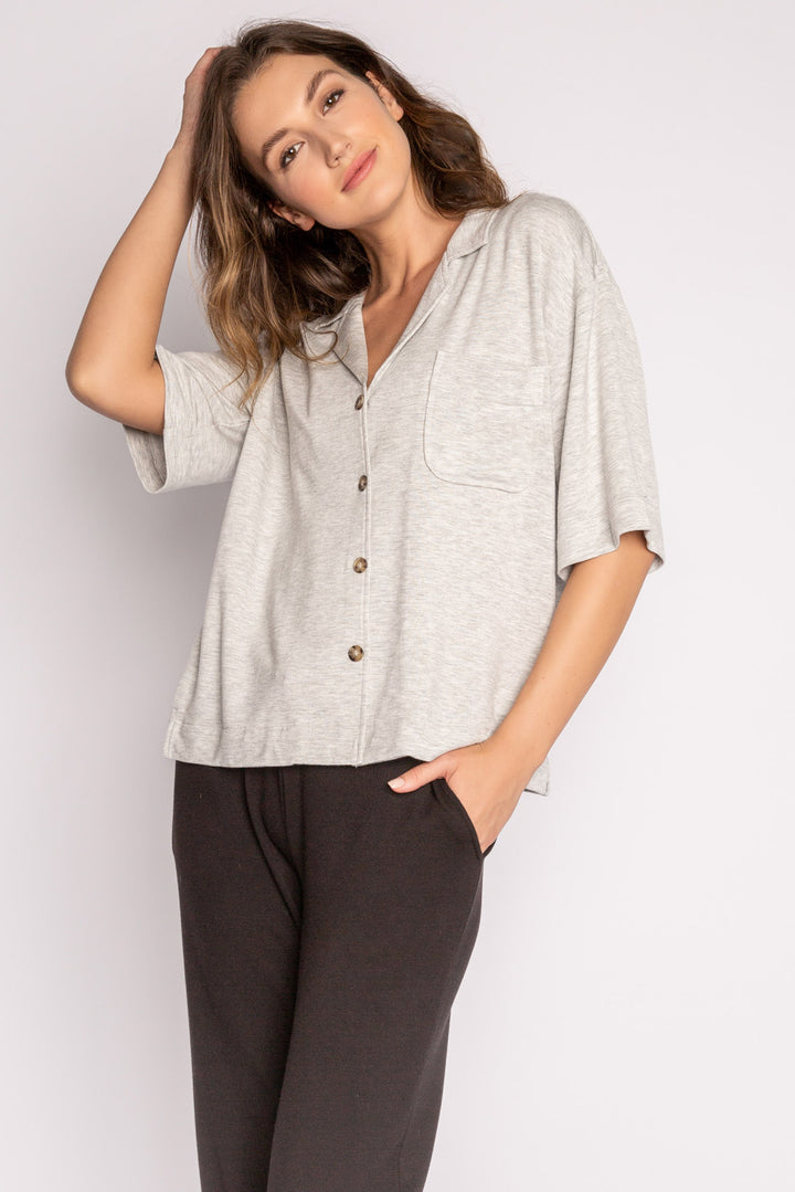 Short sleeve heather grey mini terry button-down pj shirt with side slit & front pocket. (7122608750692)