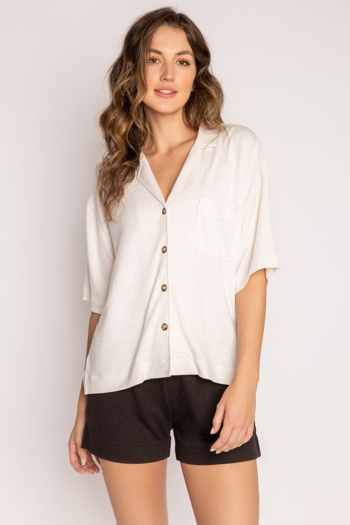 Short sleeve oatmeal mini terry button-down pj shirt with side slit & front pocket. (7122608783460)