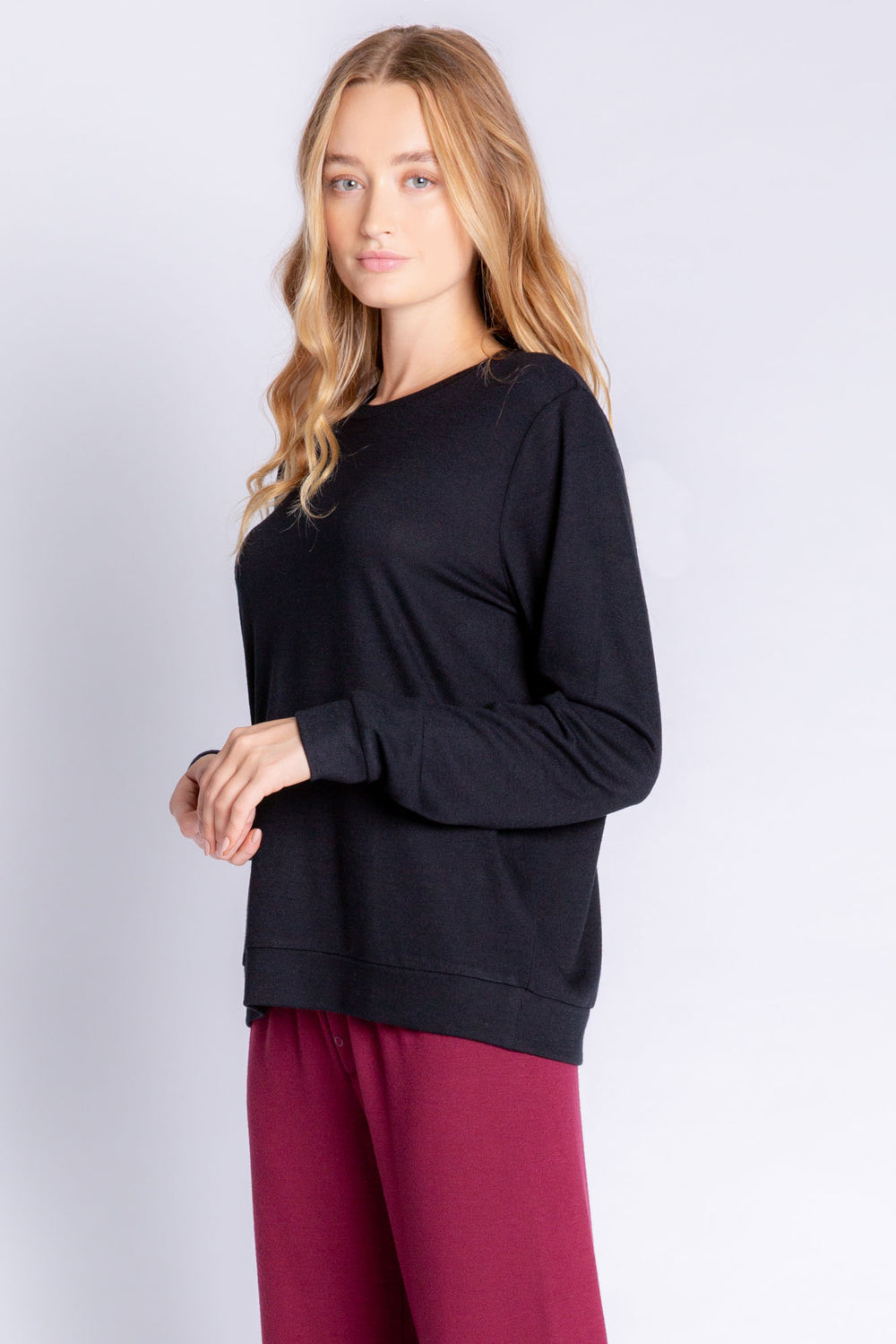 Repreve® knit long sleeve lounge top with banded cuffs in black. (6612549402724)