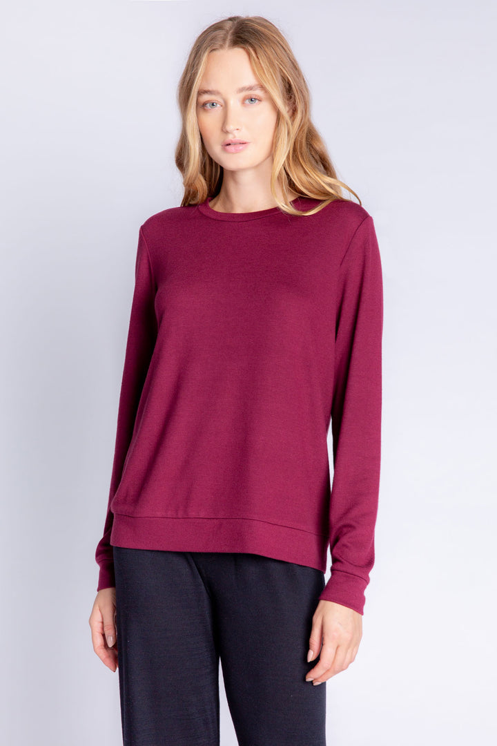 Repreve® knit long sleeve lounge top with banded cuffs in deep wine. (6612549468260)