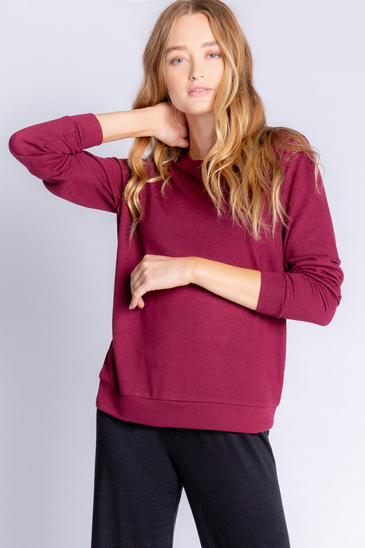 Repreve® knit long sleeve lounge top with banded cuffs in deep wine. (6612549468260)