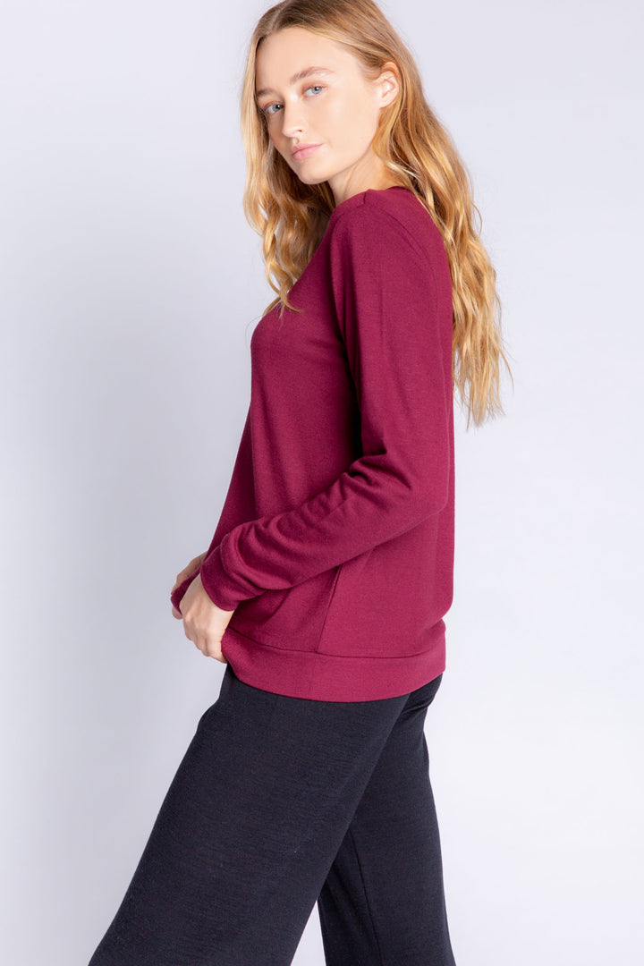 Repreve® knit long sleeve lounge top with banded cuffs in deep wine. (6612549468260)