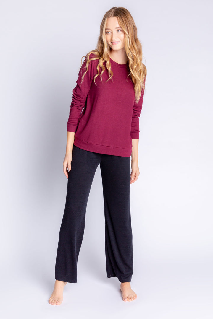 Repreve® knit long sleeve lounge top with banded cuffs in deep wine. (6612549468260)