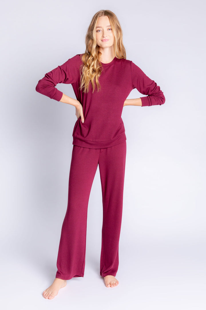 Repreve® knit long sleeve lounge top with banded cuffs in deep wine. (6612549468260)