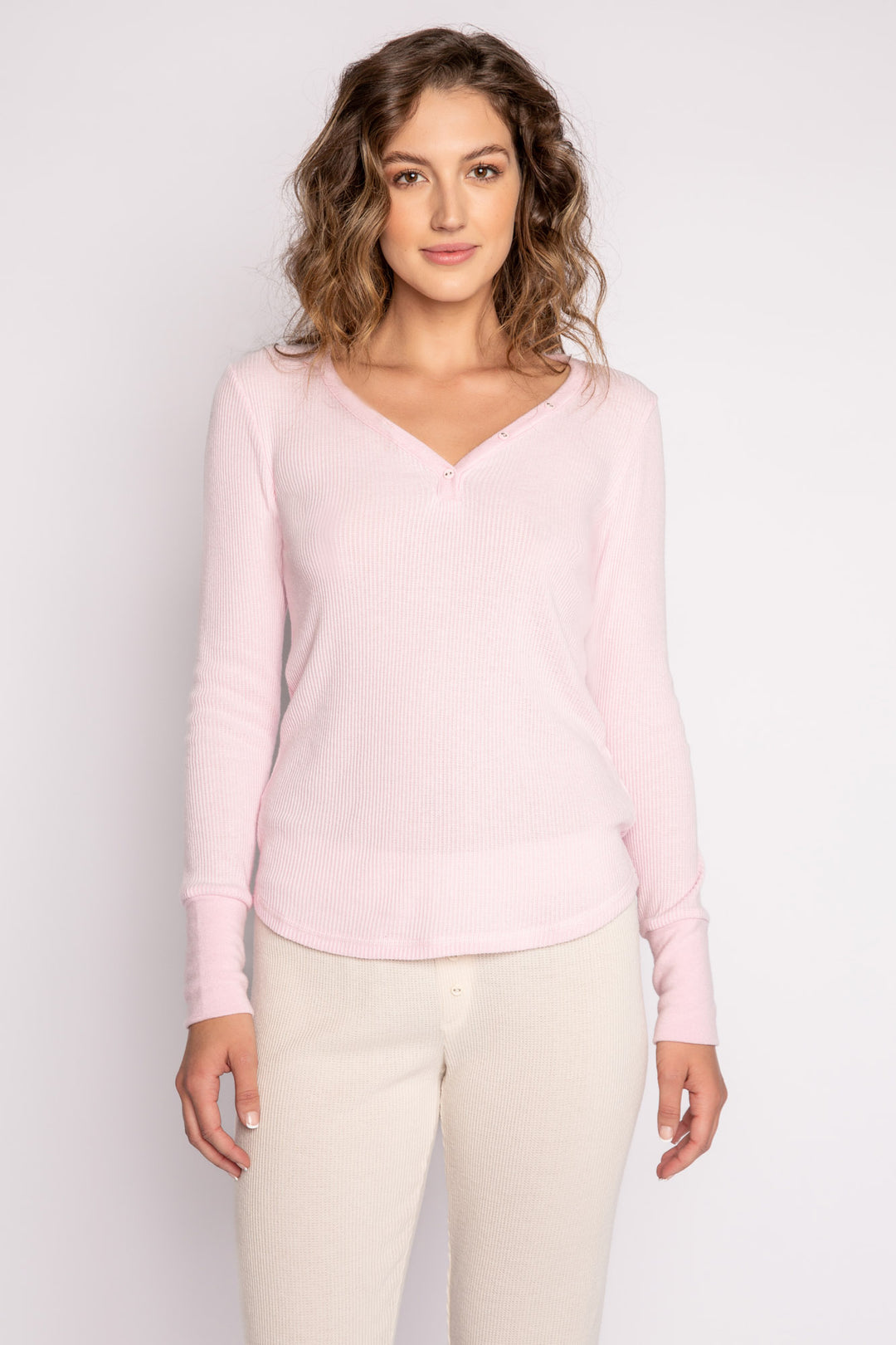 Pink ribbed long sleeve top with faux button V-neck. (7122611503204)