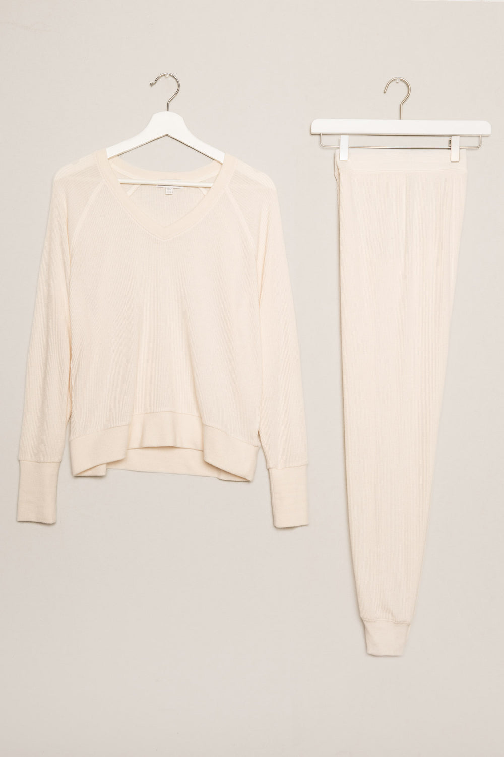 Ivory jammie set in 2x2 peachy rib with a slim fit jammie pant & V-neck long sleeve top. (7199532220516)