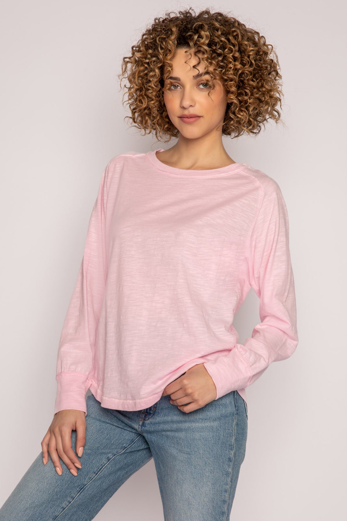 Basic Hot Pink Crew Neckline Long Sleeves Cotton T-Shirt