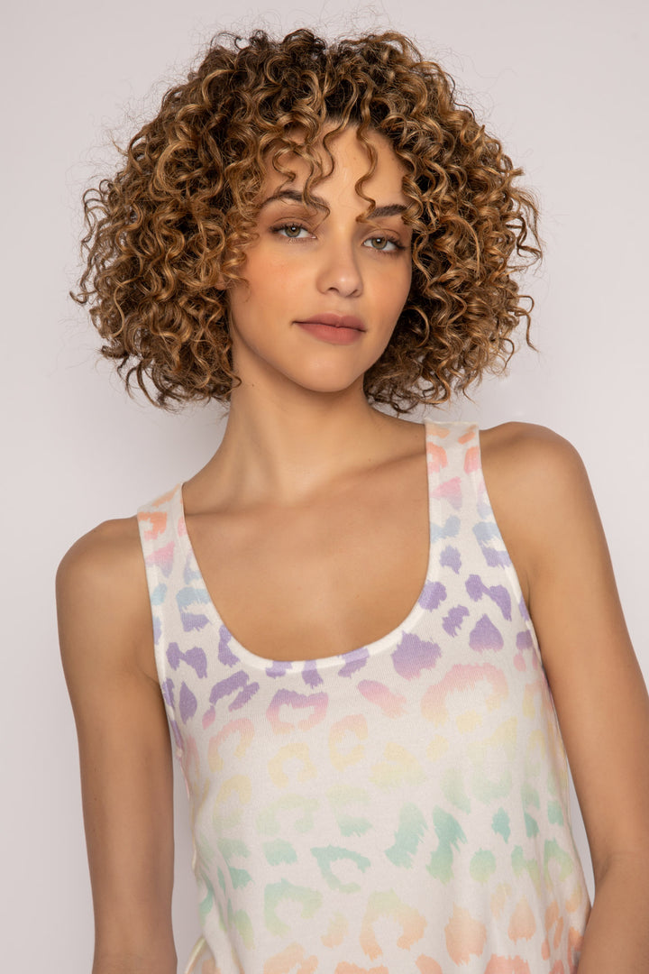 Scoop neck tank top in ombre' multi-color leopard pattern. Peachy jersey with rounded hem. (7196189589604)