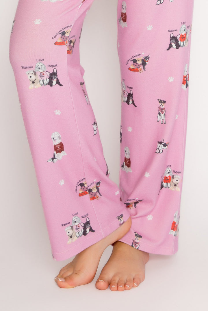 Pink straight leg pj pant in peachy knit with rescue-dog theme print. Front pockets & tie waist. (7325668442212)