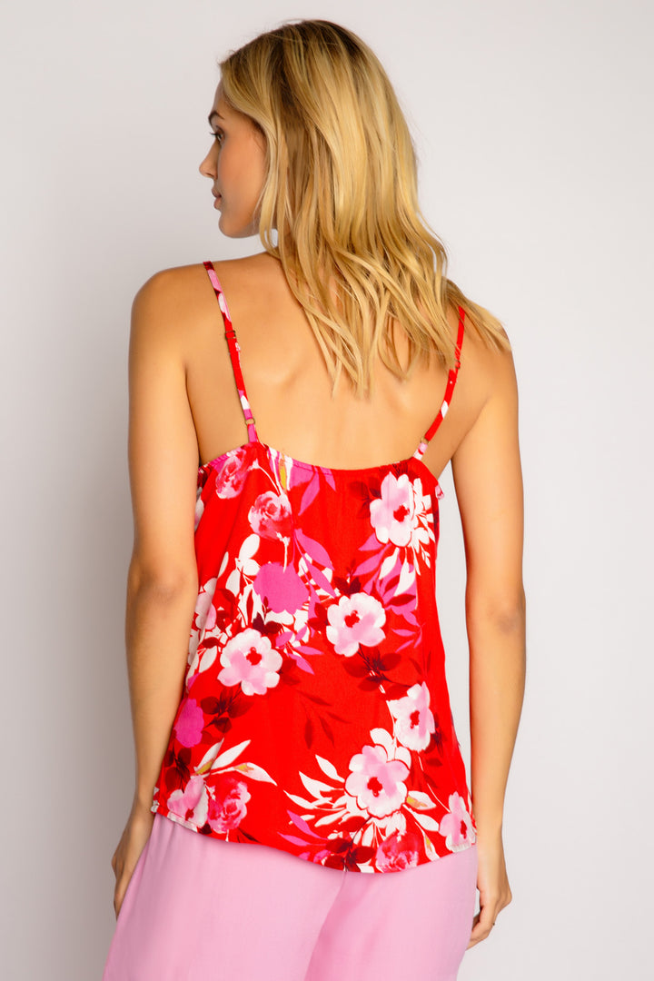 Strappy camisole in red-pink floral-printed woven sateen. Adjustable straps with shelf bra lining. (7325669228644)