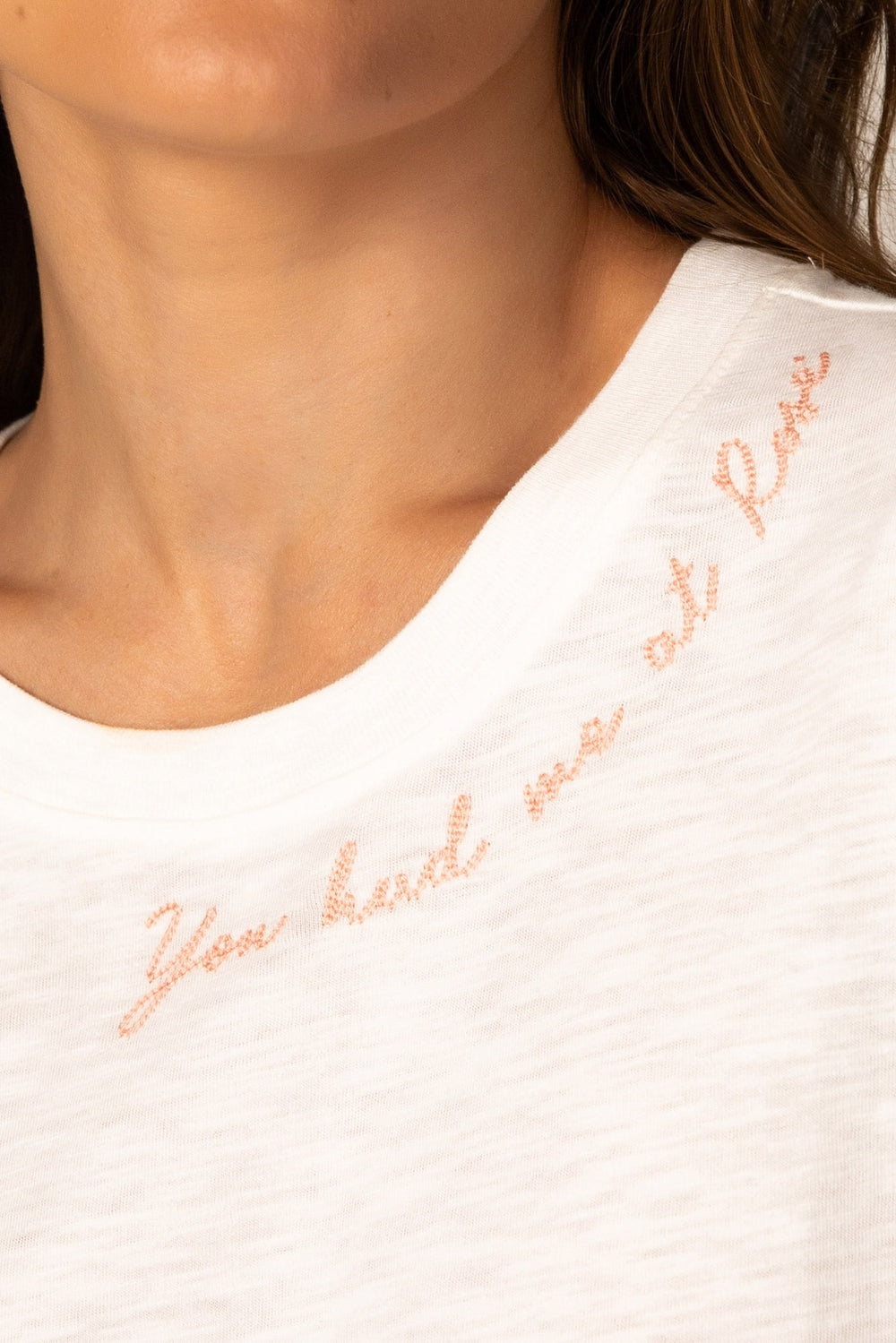 Ivory t-shirt in cotton slub jersey with embroidered with "You had me at rose'" at neckband. (7325669884004)