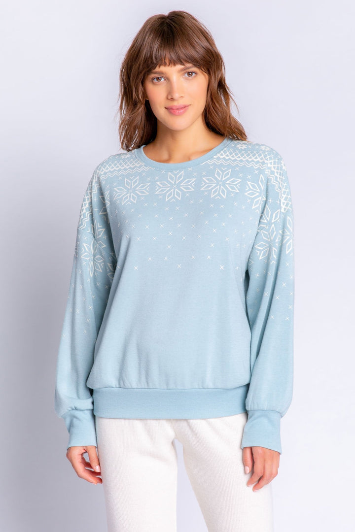 Heather ice blue long sleeve top with white snowflake design on shoulders. (6577417519204) (7000924749924)