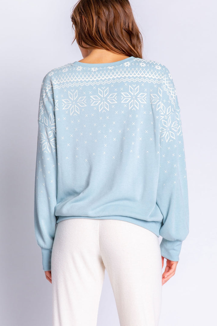 Heather ice blue long sleeve top with white snowflake design on shoulders. (6577417519204) (7000924749924)