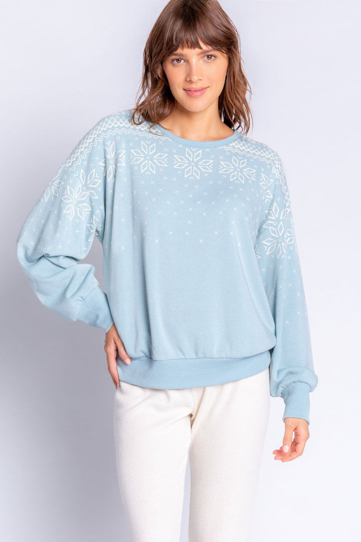 Heather ice blue long sleeve top with white snowflake design on shoulders. (6577417519204) (7000924749924)